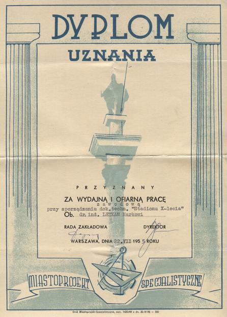 Dyplom uznania za ofiarną i wydajną pracę 1955 r.