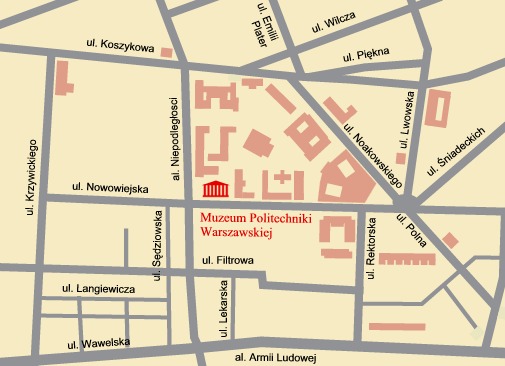 Mapa z zaznaczoną lokalizacją muzeum przy ulicy Nowowiejskiej 22
